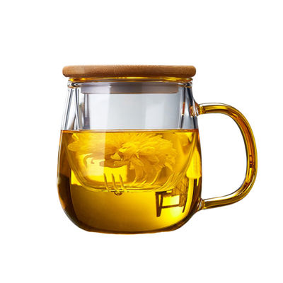 Bambusabdeckungs-Klarglas-Tee-Schale mit Infuser, mundgeblasener Büro-Tee-Hersteller fournisseur