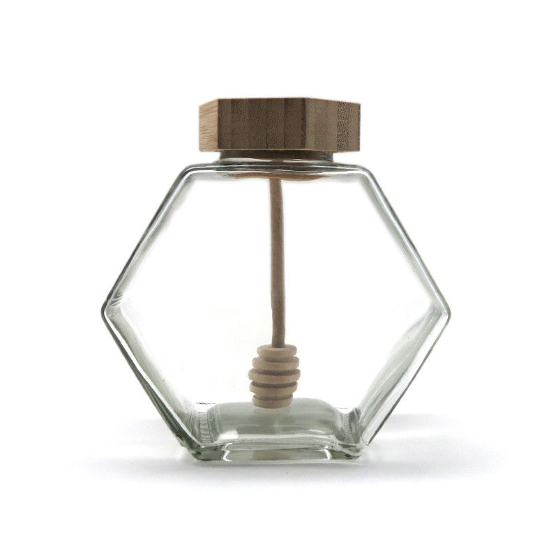 Leere Kapazität des Hexagon-Glashonig-Glas-Topf-Glas-12oz hölzerner Bambusdripper fournisseur